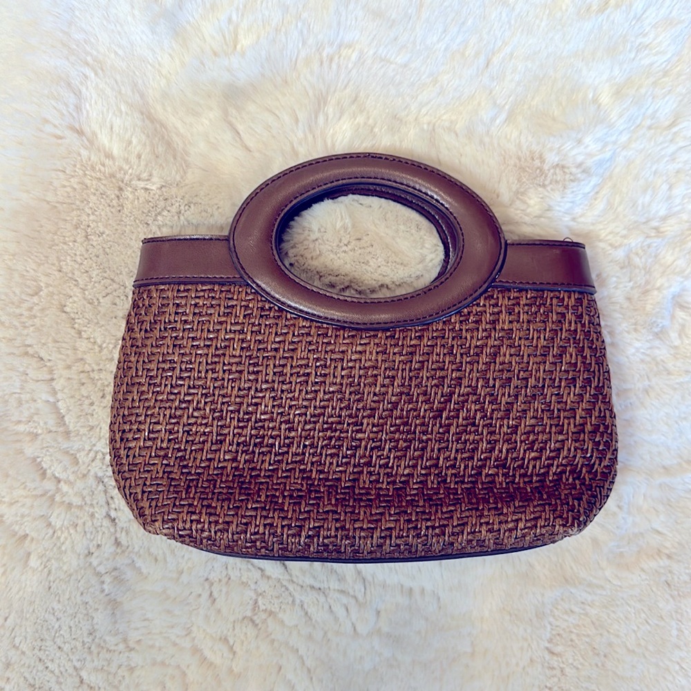 Vintage Fossil Purse Woven Straw Ring Handle Leather Brown Small Handbag Retro